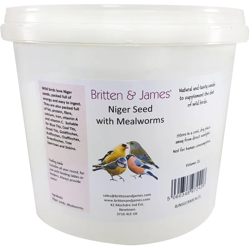 Britten & James Niger Seeds With Added Mealworms For Wild Birds Tub (1Kg) 2L