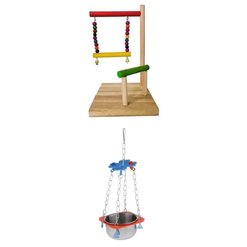 2 In 1 Birds Chew Toys Wooden Perch W/ Parrot Water Feeder Feeding Food Bowl 2In