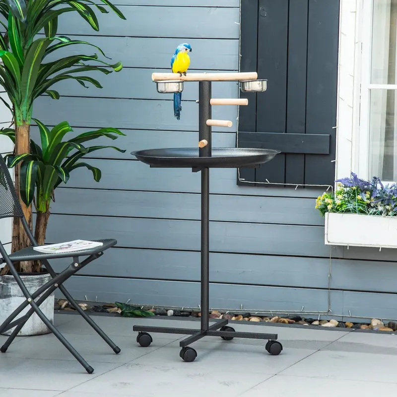 Pawhut Bird Feeder Station With Round Tray And 4 Wheels Grey