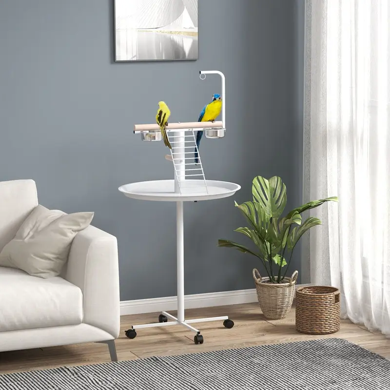 Pawhut Bird Table With Four Wheels Perches Stainless Steel Bowls Round Tray