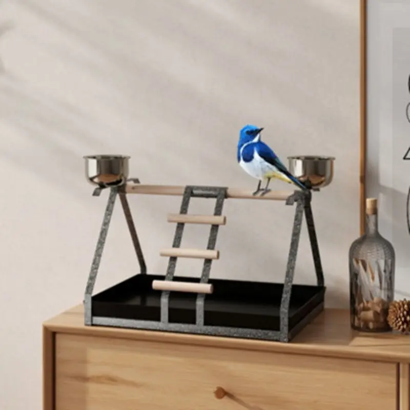 Pawhut Portable Bird Stand Resting Stainless Steel Base Wood Perch Ladder Bowls