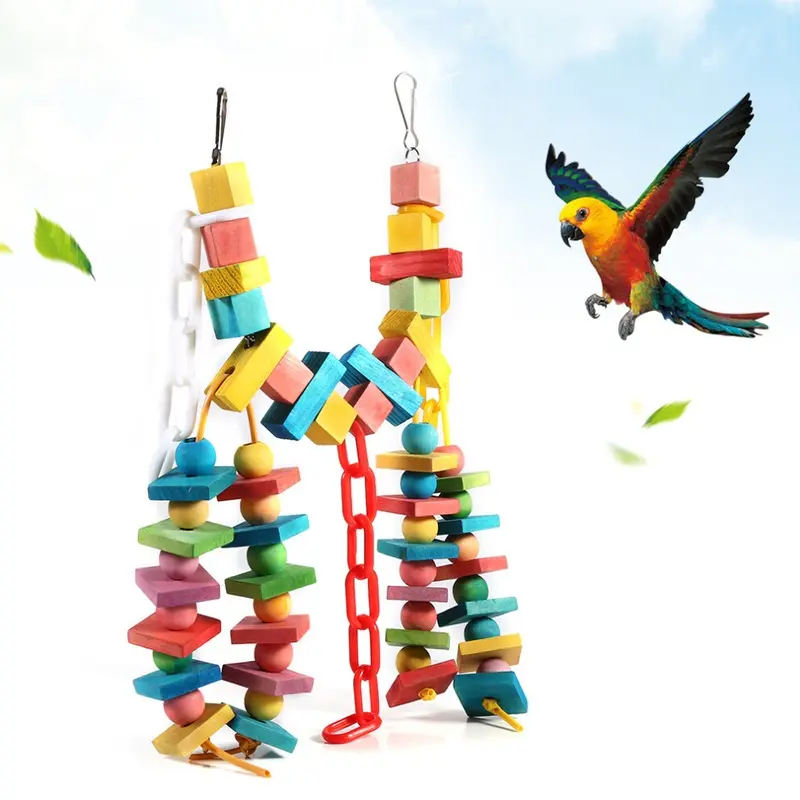 Colorful Parrot Cage Wood Chew Bite Toys Pet Bird Hanging Swing Scratcher Perch
