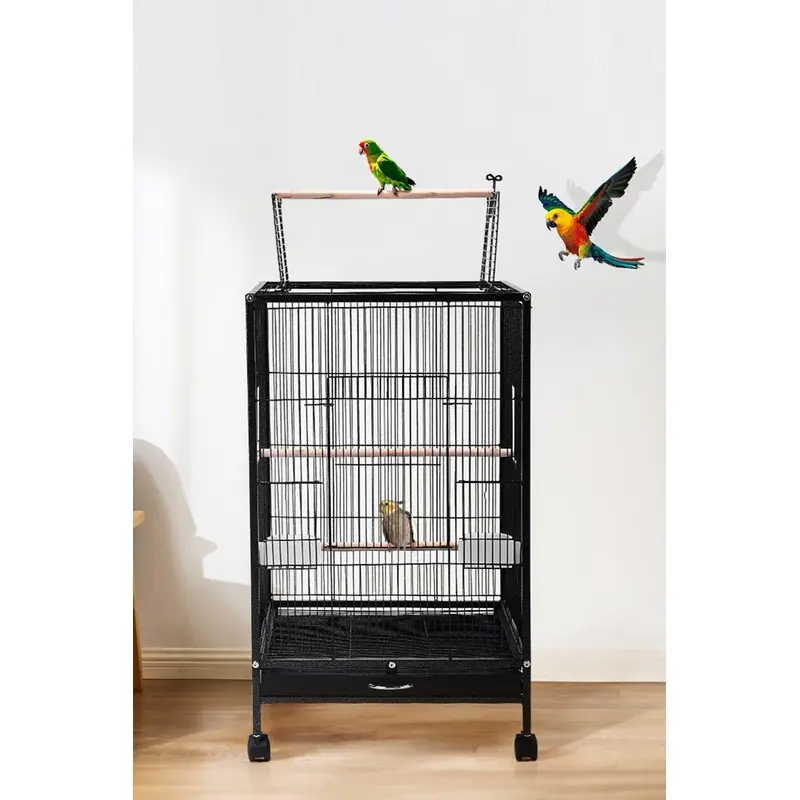 Living And Home Unisex Black Open Top Metal Pet Birdcage With Casters