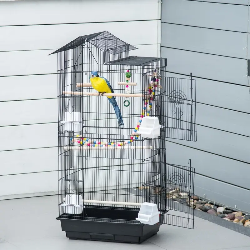 Pawhut Unisex Black Metal Bird Cage For Budgies, Finches With Accessories, Toys, Tray