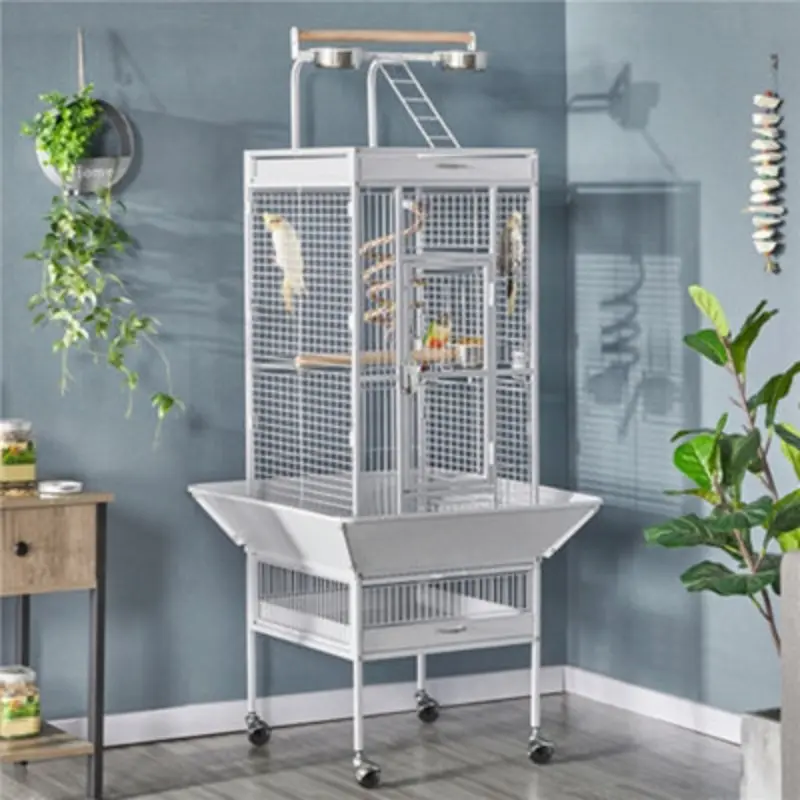 Yaheetech White Metal Bird Cage With Playtop And Casters Small