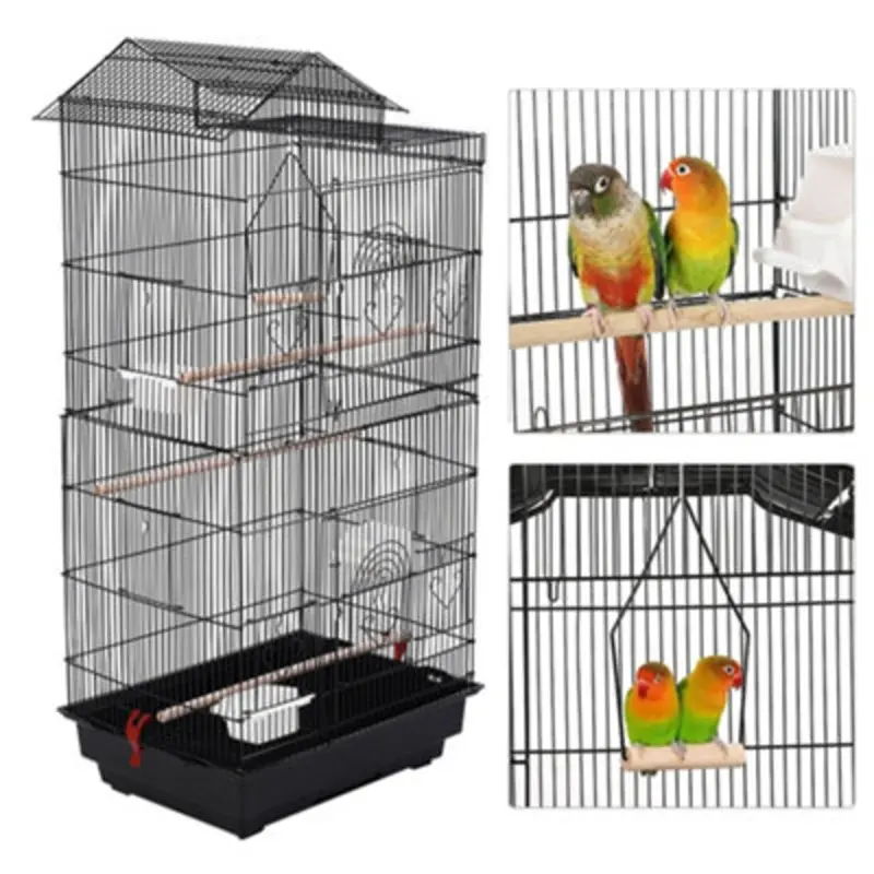 Thehotsale Tall Metal Bird Cage For Parrots With 4 Feeders 100Cm H Black