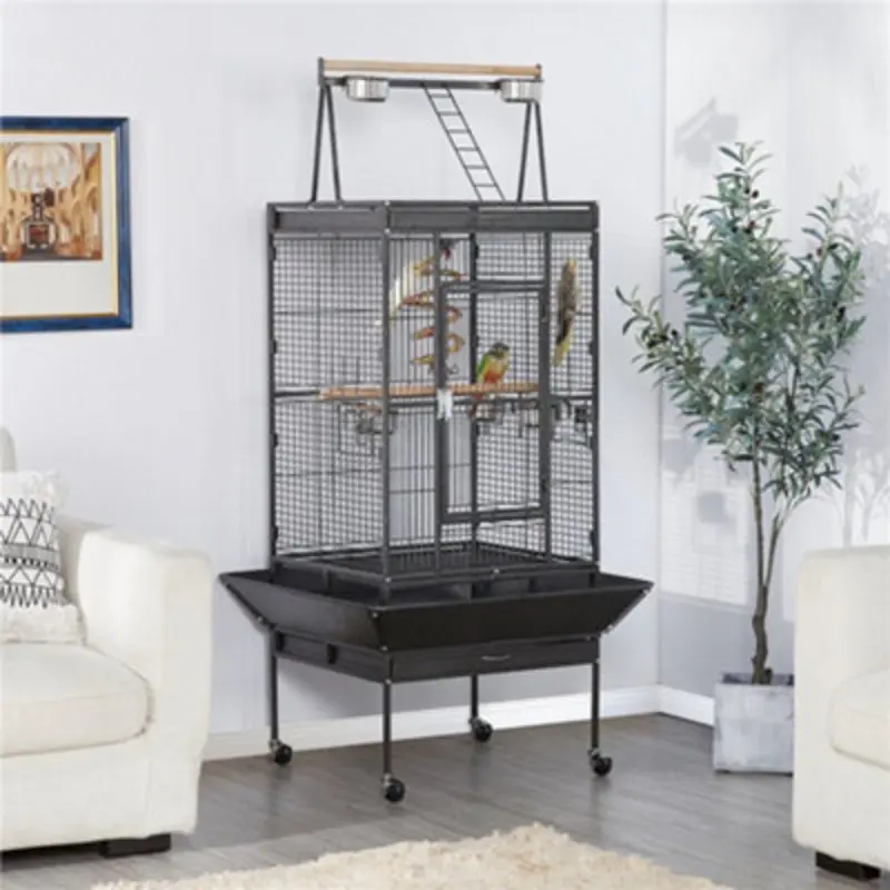 Yaheetech Play Top Metal Rolling Bird Cage W/ Industrial Wheels Black