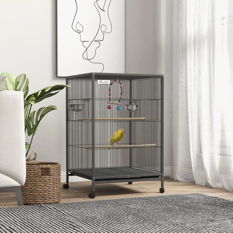 Pawhut Bird Cage With Rolling Stand For Small Birds - Grey