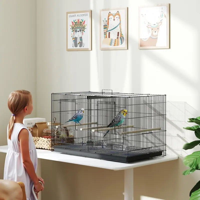 New Pawhut (Black) Bird Cage With Divider, Wooden Perches, Slide Out Tray Black Size 4