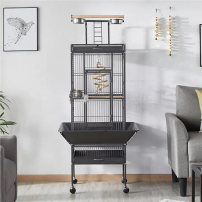 Yaheetech Metal Bird Cage With Playtop And Casters Black