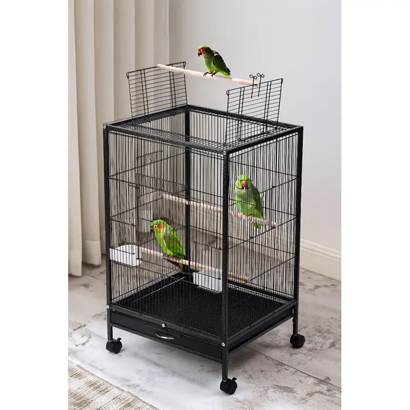 Living And Home Unisex Black Open Play Top Metal Pet Bird Cage With Casters