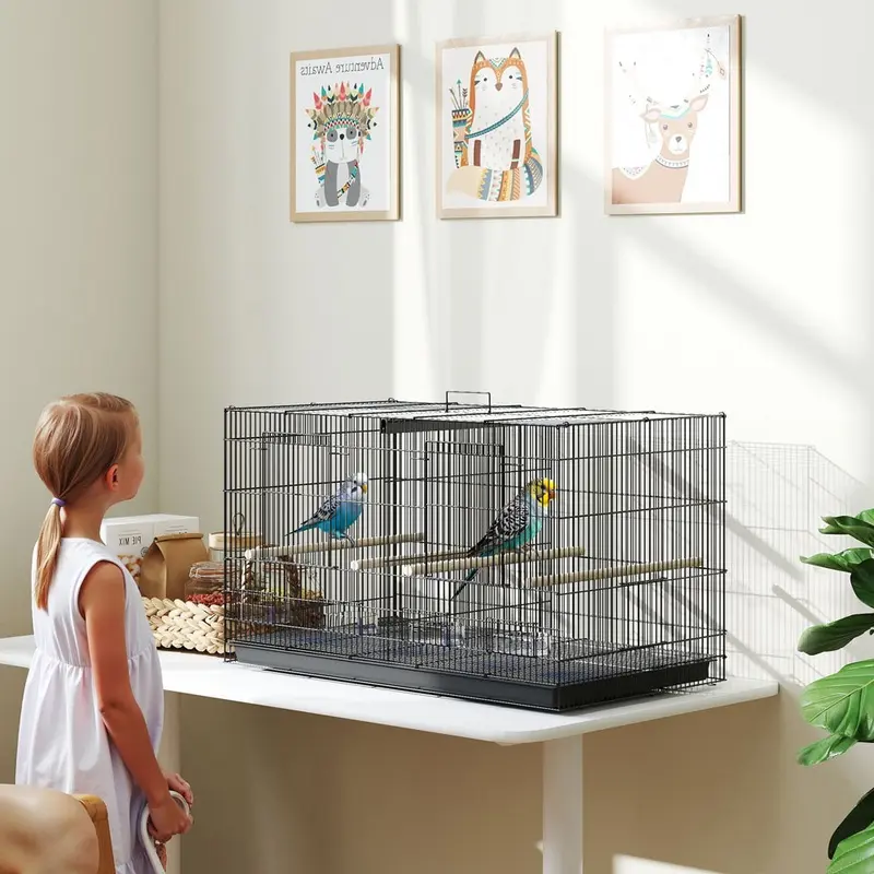 Pawhut Bird Cage With Divider For Budgie 76 X 46 X 46Cm Black