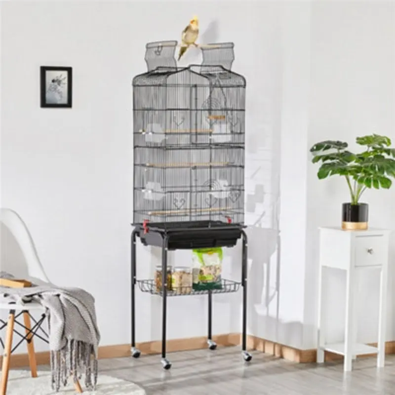 Yaheetech Open Top Metal Bird Cage Large Rolling Parrot Cage W/ Slide-Out Tray Black