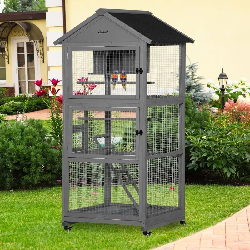 New Pawhut Bird Cage Wooden Aviary For Canary Cockatiel Parrot W/ Wheels Tray