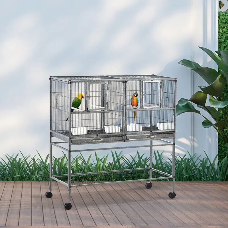 Pawhut Double Rolling Bird Cage With Removable Metal Tray And Storage Shelf