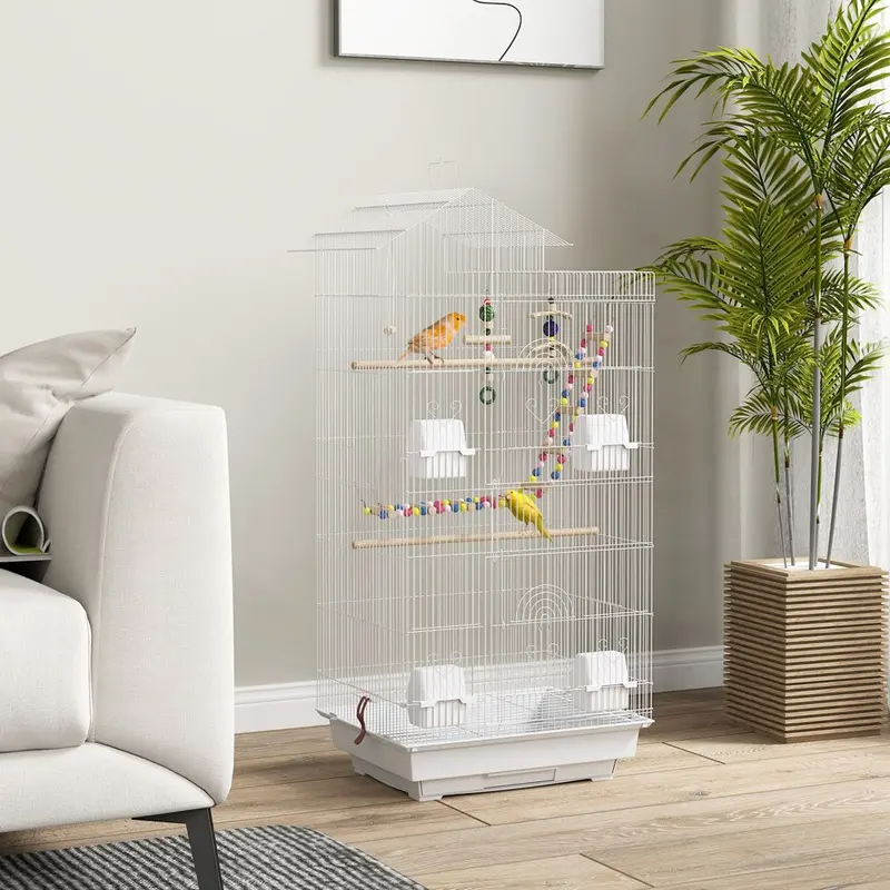 Pawhut Metal Bird Cage For Budgies Finches W/ Accessories Toys Tray Handle - White