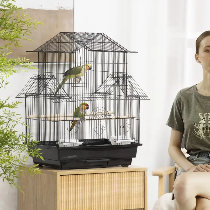 New Pawhut Metal Bird Cage W/ Perch Food Container Handle For Finch Canary Small