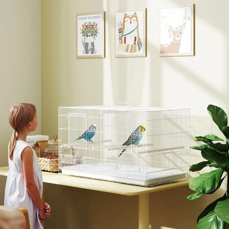 New Pawhut (White) Bird Cage With Divider, Wooden Perches, Slide Out Tray White Size 4