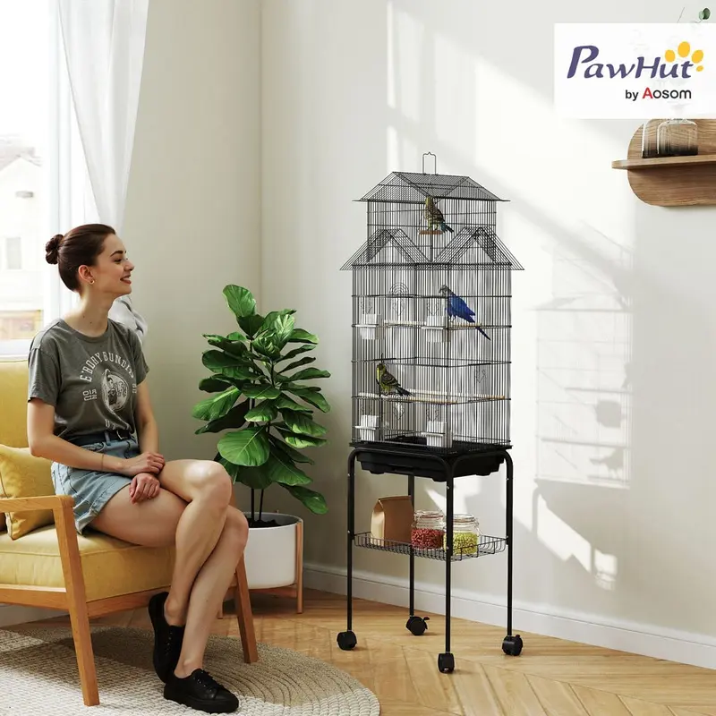 Pawhut Bird Cage With Plastic Perch Food Container Metal Black
