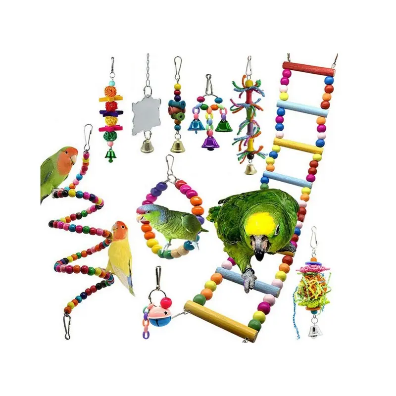 Zeuxo Bird Swing Chew Toy, Parrot Bell Perch Wooden Toy