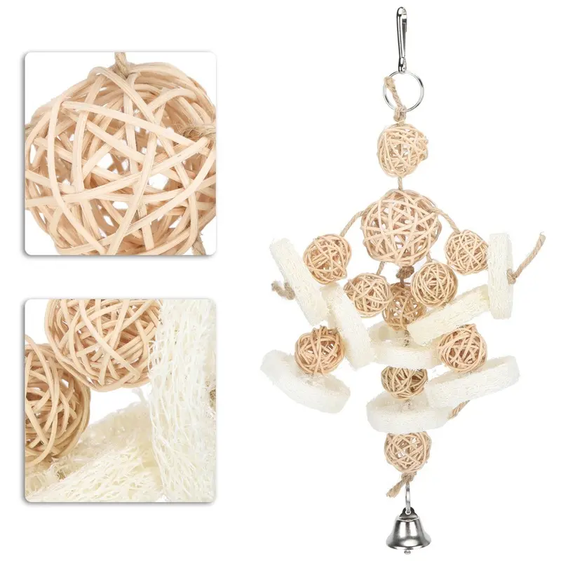 Hanging Chew Toy Loofah And Rattan Ball Swing String Pecking Toy For Parrots Medium