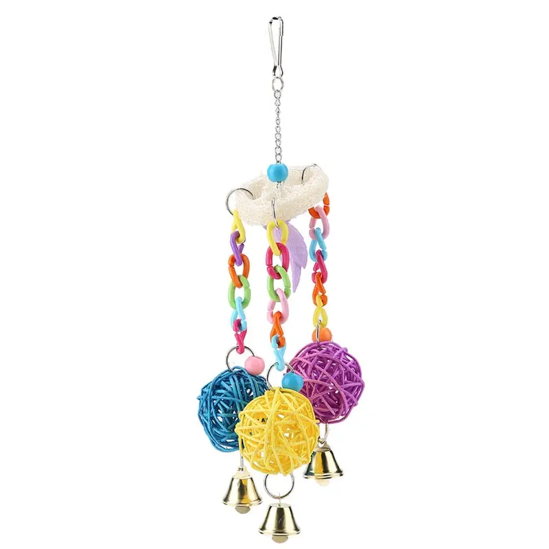 Colorful Parrot Rattan Ball Swing with Bell Sound Playing Chewing Toys