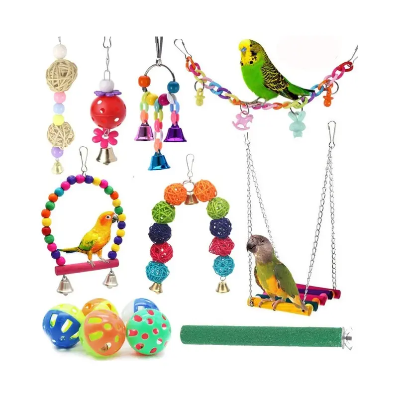 Zeuxo 12Pcs Parrot Toys Hanging Bell Swing Bird Cage Toys Size 12