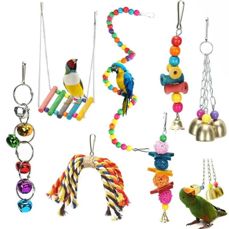 Ulistaurelie Bird Toys Parrots Toy 7Pcs Hanging Swing Chewing Bell Toy For Cage