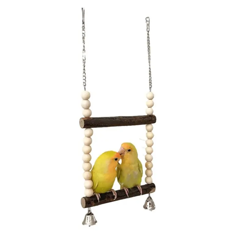Merkloos Bird Swing For Two Birds, Wooden Bird Swing With Bell Toy