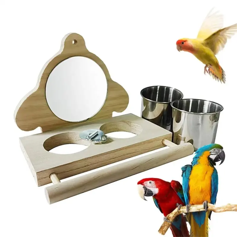 Markenlos Parrot Perch Wooden Parakeet Mirror Toy Bird Parrot Perch B