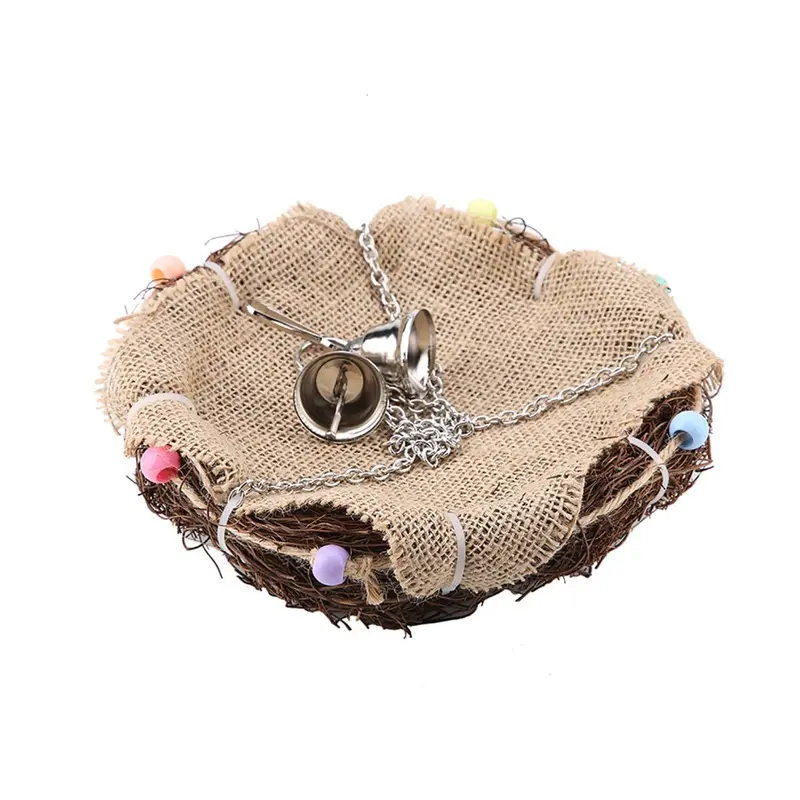 Rattan Birds Straw Nest Swing Hanging Toy With Three Chain Bells Toys Size 1