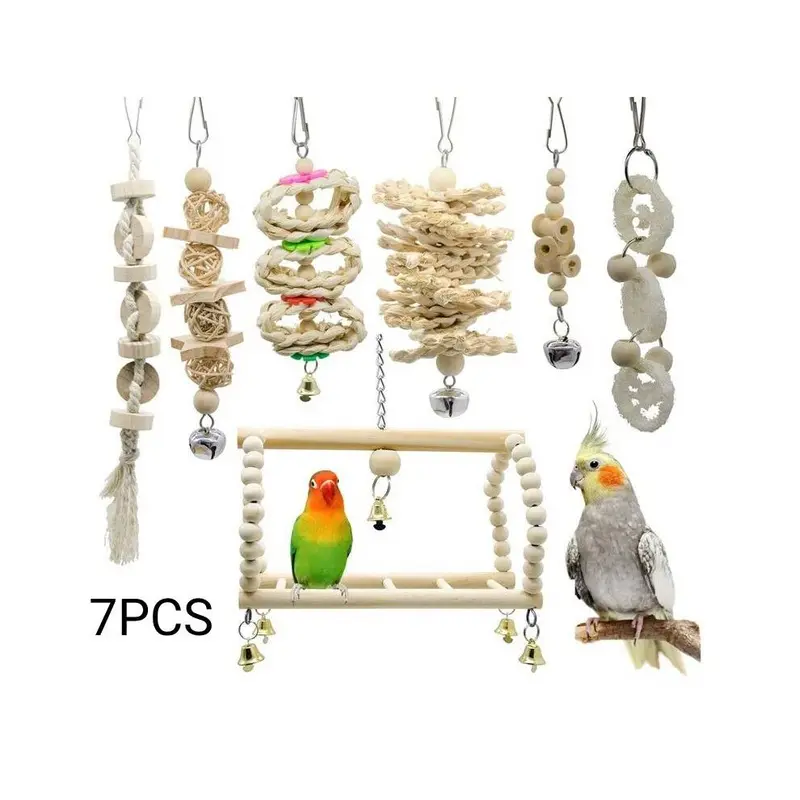 7Pcs Toys Parrot Set Budgie Cockatiel Bird Cage Hanging Chewing Swing Hammock Size 7