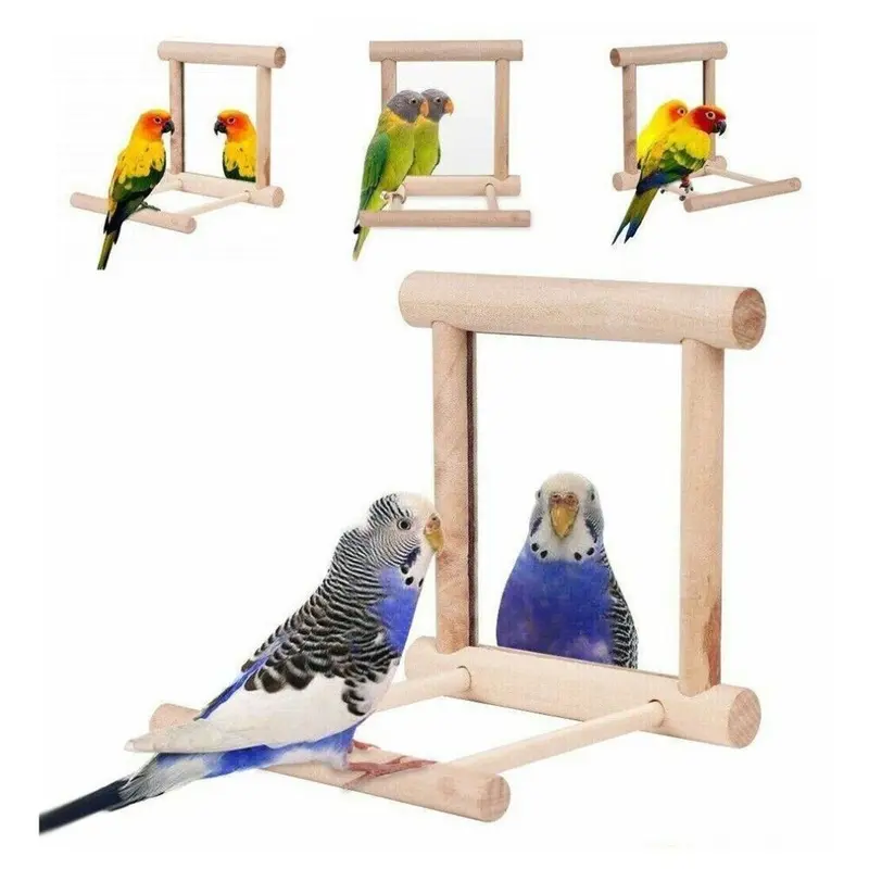 Mdsrjone Wooden Bird Mirror Interactive Play Toy With Perch For Parrot Budgies Small