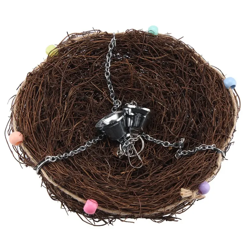 Rattan Birds Parrot Straw Nest Swing Hanging Toy With Bells Toys (27 X 20Cm) Size 27