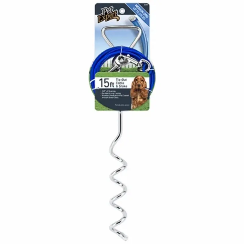 Dog Tie Out Stake with 15-Foot Steel Cable for Secure Outdoor Pet Restraint
