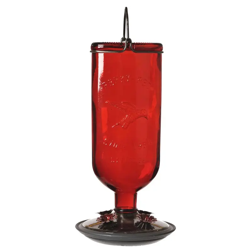 Antique Style Glass Hummingbird Feeder with Red Base and Bottle Design