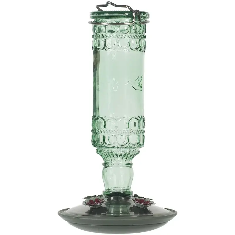 Antique Style Green Glass Hummingbird Feeder with Bottle Design