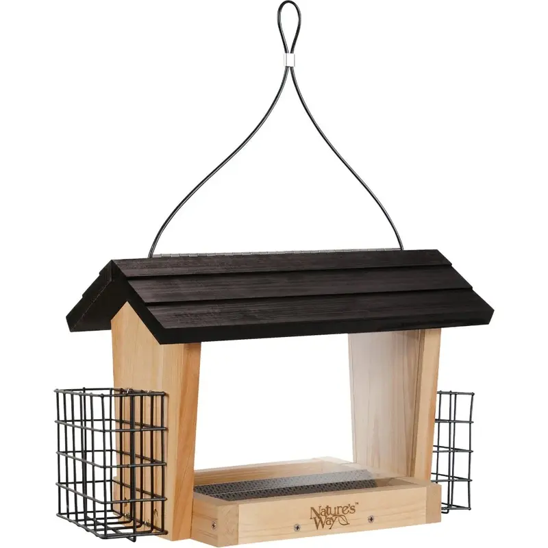 Cedar Hopper Bird Feeder with Suet Holder, 6 Quart Capacity, Durable Wood Construction