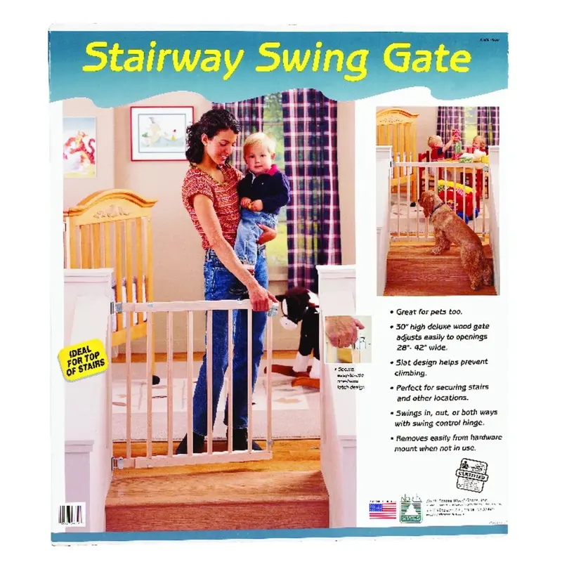 Wood Stairway Swing Gate Adjustable 28 to 42 Inches by 30 Inches